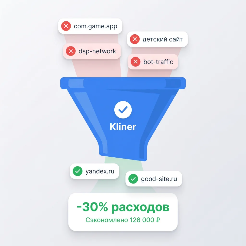 Kliner Pro фильтрует мусорные площадки в Яндекс.Директ и экономит до 30% бюджета